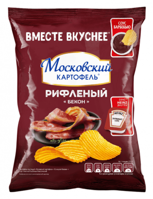 КАРТОФЕЛЬ ХРУСТ МОСКОВСКИЙ КАРТОФЕЛЬ 59Г РИФЛЕНЫЙ СО ВКУС БЕКОНА + СОУС БАРБЕК
