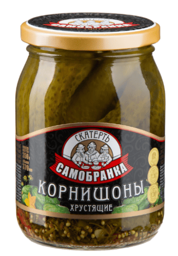 ОГУРЦЫ СКАТЕРТЬ-САМОБРАНКА 370МЛ КОРНИШОНЫ МАРИНОВАННЫЕ ХРУСТЯЩИЕ 3-6СМ