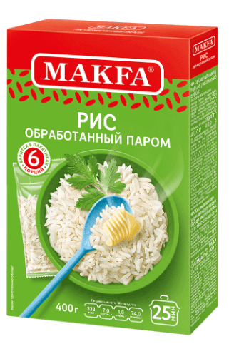 КРУПА РИС МАКФА ДЛИННОЗЕРНЫЙ ШЛИФОВАННЫЙ 400Г ОБРАБОТАН ПАРОМ ПОРЦИОННЫЙ ПАКЕТ
