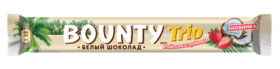 БАТОНЧИК БАУНТИ ТРИО 78Г БЕЛЫЙ ШОКОЛАД ВКУС РАЙСКАЯ КЛУБНИКА