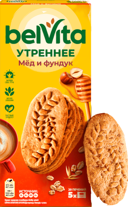 ПЕЧЕНЬЕ БЕЛВИТА УТРЕННЕЕ 225Г С ФУНДУКОМ И МЕДОМ ВИТАМИНИЗИРОВАННОЕ
