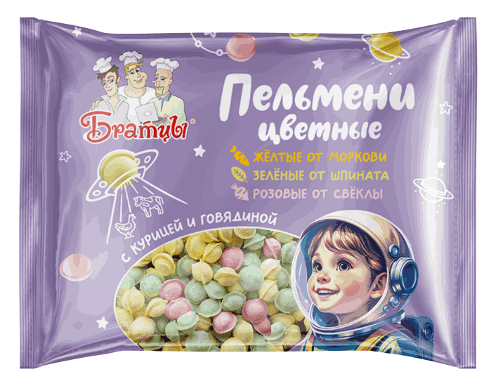 ПЕЛЬМЕНИ БРАТЦЫ 400Г С КУРИЦЕЙ И ГОВЯДИНОЙ ЦВЕТНЫЕ