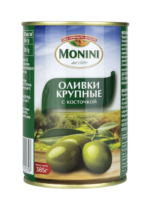 ОЛИВКИ МОНИНИ 385Г КРУПНЫЕ С КОСТОЧКОЙ ЖБ С КЛЮЧОМ