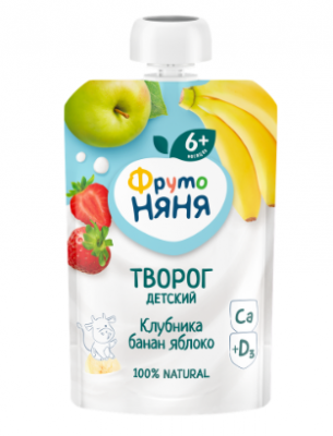 ТВОРОГ ФРУТОНЯНЯ 90Г С КЛУБНИКОЙ БАНАНОМ И КЛУБНИКОЙ Д/ДЕТ ПИТАНИЯ 4,2% Д/ПАК