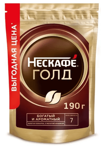 КОФЕ НЕСКАФЕ ГОЛД 190Г РАСТВОРИМЫЙ СУБЛИМИРОВАННЫЙ С ДОБАВЛЕНИЕМ МОЛОТОГО ПАКЕТ