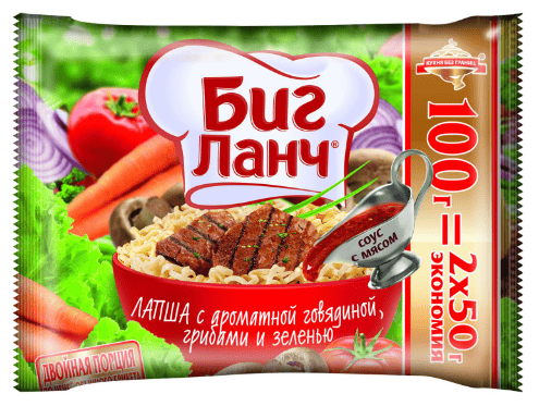 ВЕРМИШЕЛЬ Б/П БИГ ЛАНЧ 100Г С АРОМАТНОЙ ГОВЯДИНОЙ ГРИБАМИ И ЗЕЛЕНЬЮ ПАКЕТ