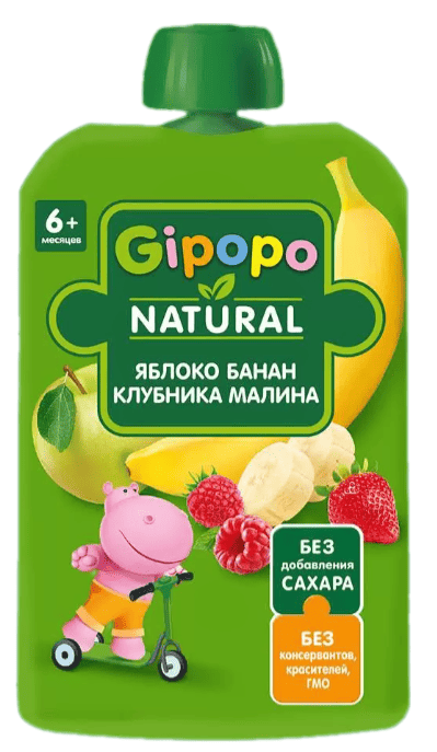 ПЮРЕ ГИПОПО 90Г ИЗ ЯБЛОК БАНАНОВ МАЛИНЫ И КЛУБНИКИ ПАУЧ