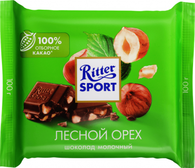 ШОКОЛАД РИТТЕР СПОРТ 100Г МОЛОЧНЫЙ С ОБЖАРЕННЫМ ЛЕСНЫМ ОРЕХОМ