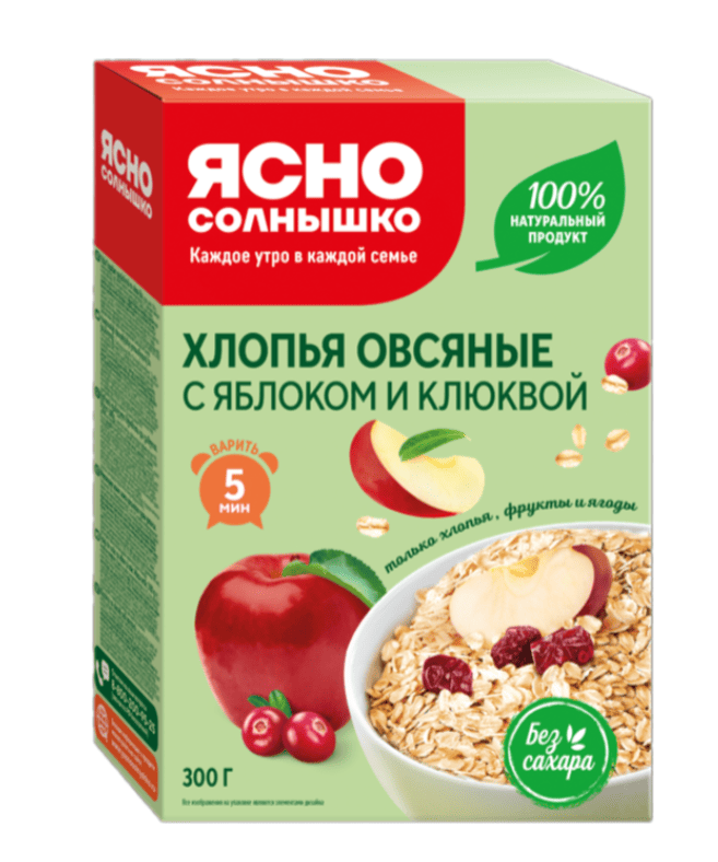 ХЛОПЬЯ ЯСНО СОЛНЫШКО 300Г ОВСЯНЫЕ С КЛЮКВОЙ И ЯБЛОКОМ