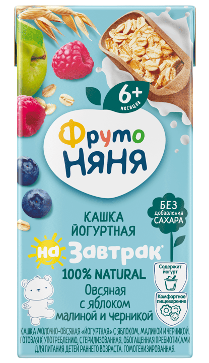 КАШКА ФРУТОНЯНЯ 0,2Л МОЛОЧНО-ОВСЯНАЯ ЙОГУРТНАЯ С ЯБЛОКОМ МАЛИНОЙ И ЧЕРНИКОЙ Д/П