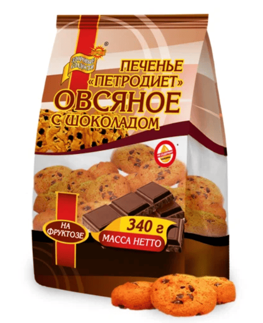 ПЕЧЕНЬЕ ПЕТРОДИЕТ 340Г ОВСЯНОЕ С ШОКОЛАДОМ НА ФРУКТОЗЕ
