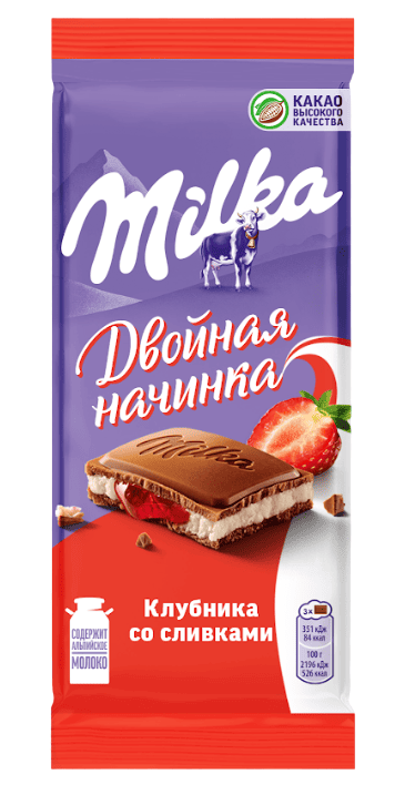 ШОКОЛАД МИЛКА 80Г МОЛОЧНЫЙ КЛУБНИКА СО СЛИВКАМИ ДВУХСЛОЙНЫЙ