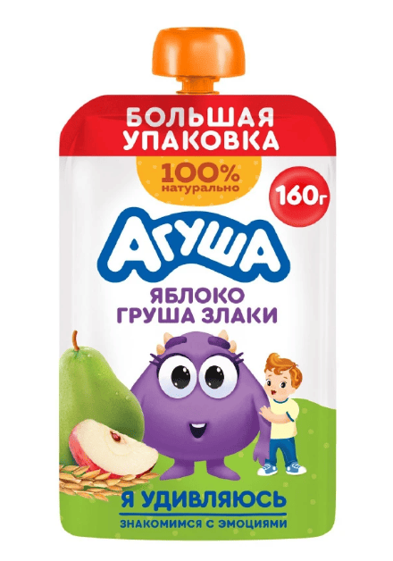 ПЮРЕ АГУША 160Г ИЗ ЯБЛОКА И ГРУШИ СО ЗЛАКАМИ ДОЙ-ПАК