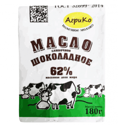 МАСЛО СЛИВОЧНОЕ АГРИКО 62% 180Г ШОКОЛАДНОЕ СЛАДКОЕ ФОЛЬГА