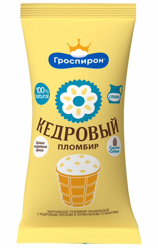 МОРОЖЕНОЕ ГРОСПИРОН 85Г ПЛОМБИР ВАНИЛЬНЫЙ С КЕДРОВЫМ ОРЕХОМ ВАФ СТ