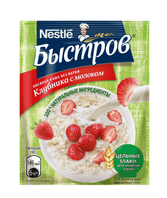 ХЛОПЬЯ БЫСТРОВ 40Г ОВСЯНЫЕ С КЛУБНИКОЙ И МОЛОКОМ БЕЗ ВАРКИ