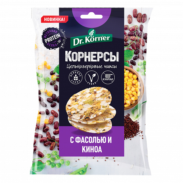 ЧИПСЫ ДОКТОР КЕРНЕР 50Г КУКУРУЗНО-РИСОВЫЕ С ГОРОШКОМ ФАСОЛЬЮ И КИНОА ЦЕЛЬНОЗ