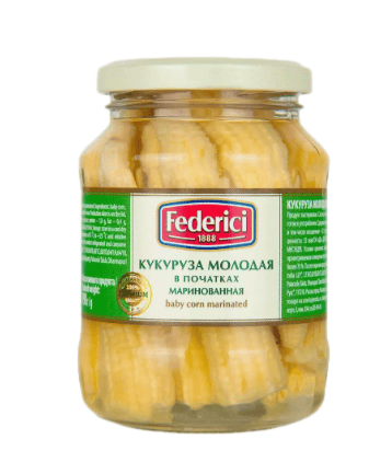 КУКУРУЗА ФЕДЕРИЧИ 370МЛ МОЛОДАЯ МАРИНОВАННАЯ В ПОЧАТКАХ СТ/Б
