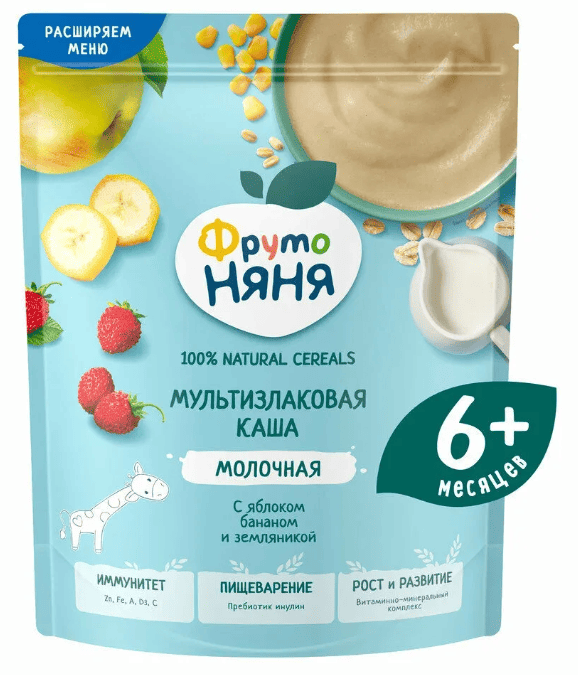 КАША ФРУТОНЯНЯ 190Г МОЛОЧНАЯ МУЛЬТИЗЛАКОВАЯ ЯБЛОКО БАНАН ЗЕМЛЯНИКА Б/Р Д/П