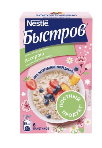 ХЛОПЬЯ БЫСТРОВ 240Г ОВСЯНЫЕ АССОРТИ ЧЕРНИКА КЛУБНИКА ПЕРСИК БЕЗ ВАРКИ
