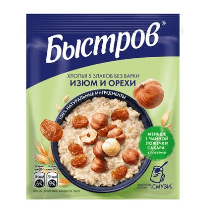 ХЛОПЬЯ БЫСТРОВ 40Г 5 ЗЛАКОВ С ИЗЮМОМ И ОРЕХАМИ БЕЗ ВАРКИ