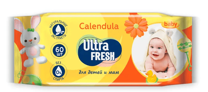 САЛФЕТКИ ВЛАЖНЫЕ УЛЬТРА ФРЕШ БЕБИ 60ШТ Д/ДЕТЕЙ И МАМ С КАЛЕНДУЛОЙ