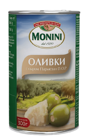 ОЛИВКИ МОНИНИ 300Г С СЫРОМ ПАРМЕЗАН Д.О.П ЖБ КЛЮЧ