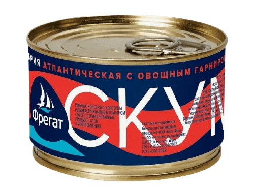 СКУМБРИЯ ФРЕГАТ 240Г В ТОМАТНОМ СОУСЕ С ОВОЩНЫМ ГАРНИРОМ КЛЮЧ ЖБ