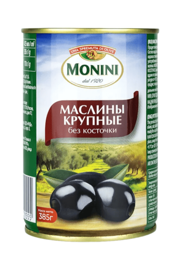 МАСЛИНЫ МОНИНИ 385Г КРУПНЫЕ БЕЗ КОСТОЧКИ ЖБ С КЛЮЧОМ