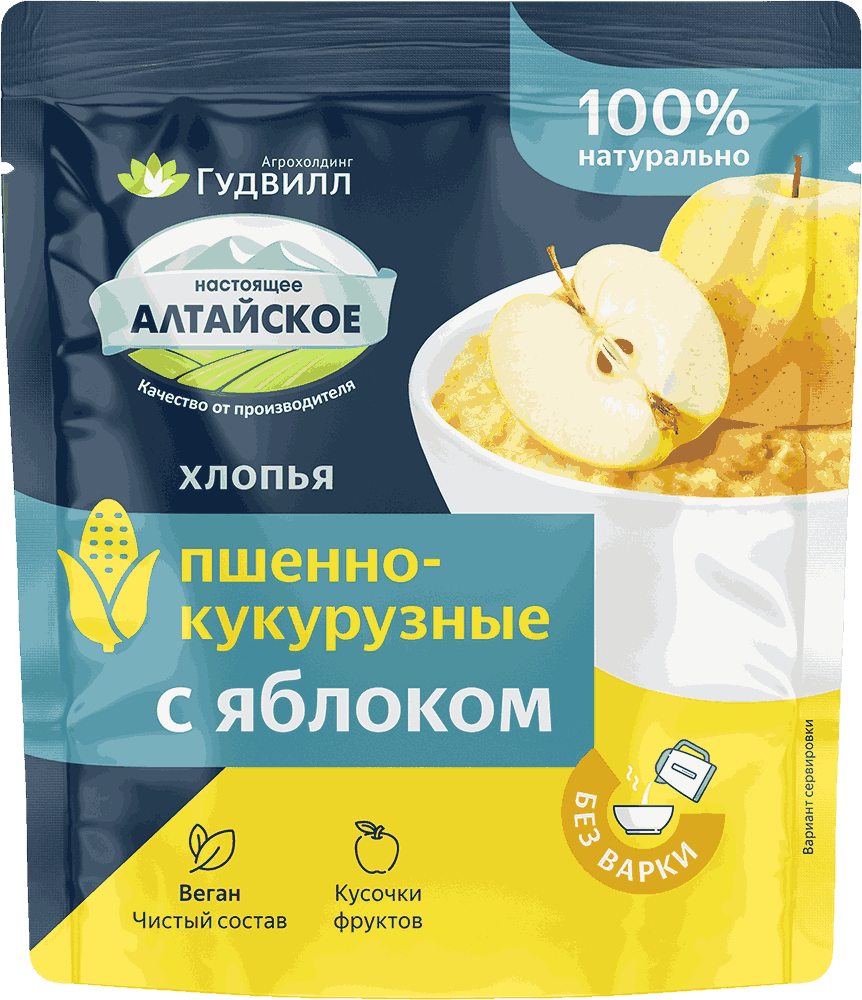 КАША ГУДВИЛЛ 40Г ПШЕННО-КУКУРУЗНЫЕ ХЛОПЬЯ С ЯБЛОКОМ