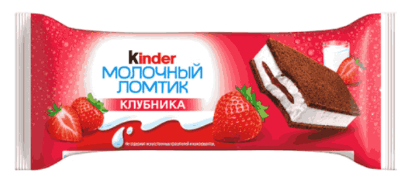 ПИРОЖНОЕ БИСКВИТНОЕ КИНДЕР МОЛОЧНЫЙ ЛОМТИК 28Г С МОЛОЧНО-КЛУБНИЧНОЙ НАЧИНКОЙ