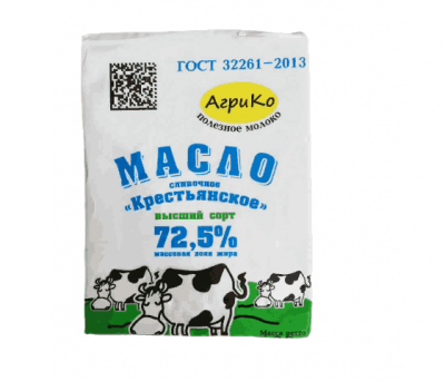 МАСЛО СЛАДКО-СЛИВОЧНОЕ АГРИКО КРЕСТЬЯНСКОЕ 72,5% 180Г НЕСОЛЕНОЕ ФОЛЬГА