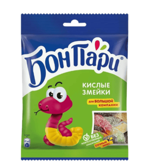 МАРМЕЛАД ЖЕВАТЕЛЬНЫЙ БОН ПАРИ КИСЛЫЕ ЗМЕЙКИ 120Г СО ВКУСОМ ФРУКТОВ ФИГУРНЫЙ