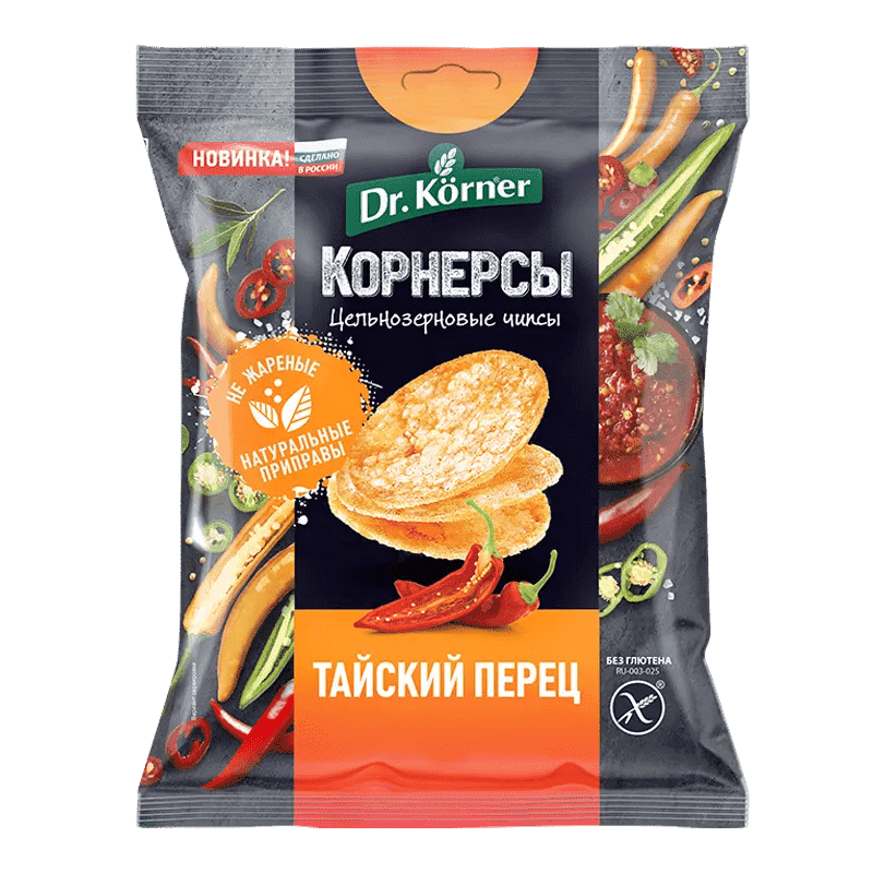 ЧИПСЫ ДОКТОР КЕРНЕР 50Г КУКУРУЗНО-РИСОВЫЕ С ТАЙСКИМ ОСТР СЛАД ПЕРЦЕМ ЦЕЛЬНОЗЕРН