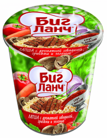 ВЕРМИШЕЛЬ Б/П БИГ ЛАНЧ 65Г С АРОМАТНОЙ ГОВЯДИНОЙ ГРИБАМИ И ЗЕЛЕНЬЮ СТАКАН