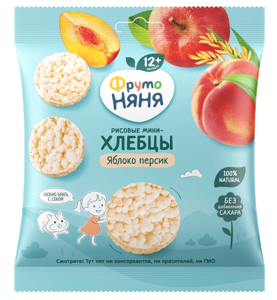 МИНИ-ХЛЕБЦЫ ФРУТОНЯНЯ 30Г РИСОВЫЕ С ЯБЛОКОМ, ПЕРСИКОМ И ПРЕБИОТИКОМ Д/П