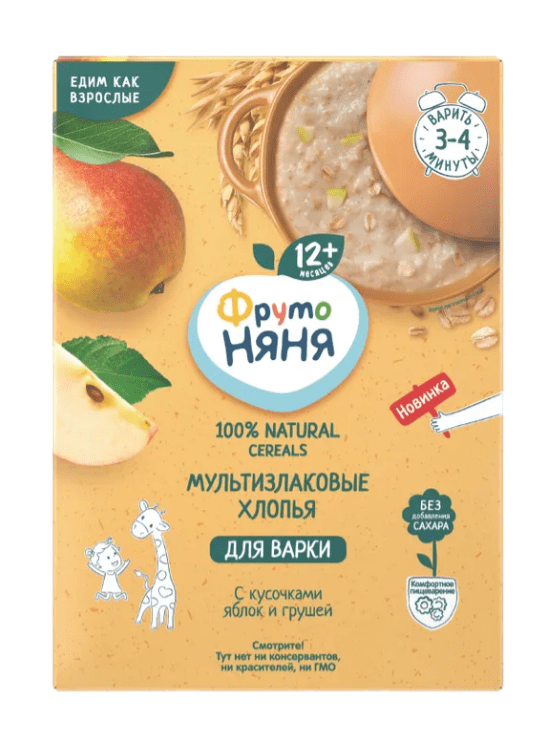 КАША ФРУТОНЯНЯ 200Г МУЛЬТИЗЛАКОВАЯ Б/М С КУСОЧКАМИ ЯБЛОК И ГРУШИ ОБОГ ПРЕБИОТ