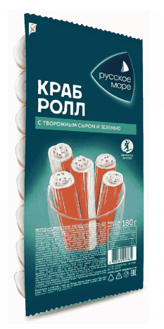 ПАЛОЧКИ КРАБОВЫЕ РУССКОЕ МОРЕ 180Г КРАБ-РОЛЛ С ТВОРОЖ СЫРОМ И ЗЕЛЕНЬЮ ИМИТАЦИЯ