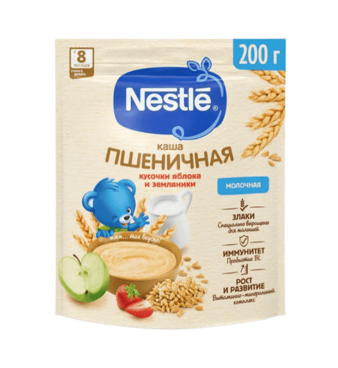КАША НЕСТЛЕ 200Г МОЛОЧНАЯ ПШЕНИЧНАЯ С КУСОЧКАМИ ЯБЛОКА И ЗЕМЛЯНИКИ САДОВОЙ