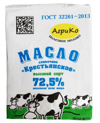 МАСЛО СЛАДКО-СЛИВОЧНОЕ АГРИКО КРЕСТЬЯНСКОЕ 72,5% 500Г НЕСОЛЕНОЕ ПЕРГАМЕНТ