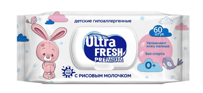 САЛФЕТКИ ВЛАЖНЫЕ УЛЬТРА ФРЕШ ПРЕМИУМ БЕБИ 60ШТ С РИСОВЫМ МОЛОЧКОМ Д/ЧУВСТВ КОЖИ