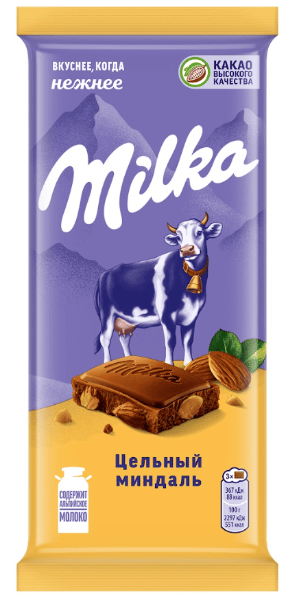 ШОКОЛАД МИЛКА 80Г МОЛОЧНЫЙ С ЦЕЛЬНЫМ МИНДАЛЕМ